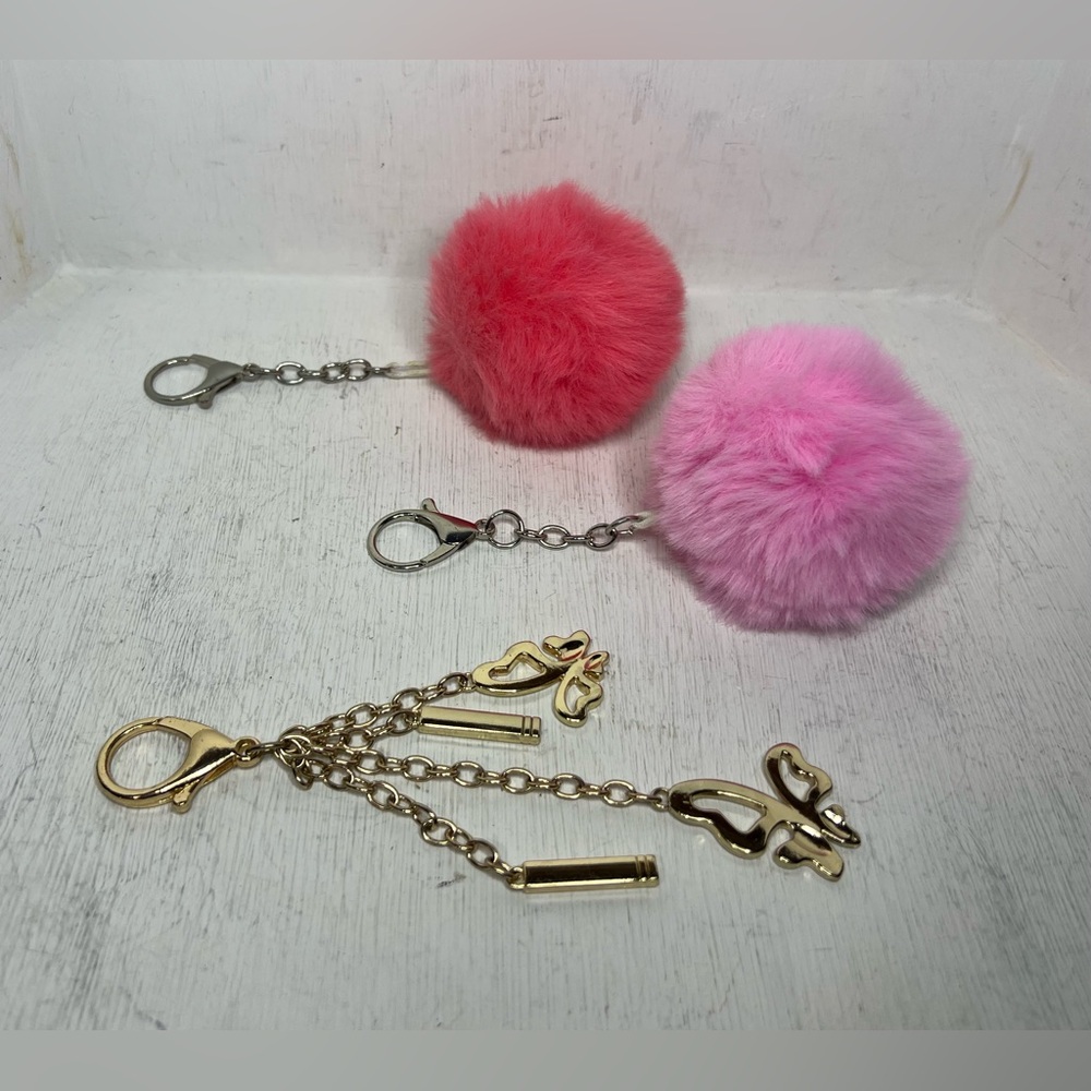Pink Pom Pom & Gold Butterfly Bag Charm Lot
